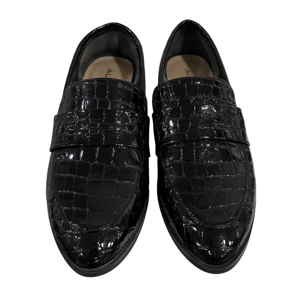 ALDO Black Croc Embossed Patent Penny Loafers Women's Size 7 Preppy Dress Shoes